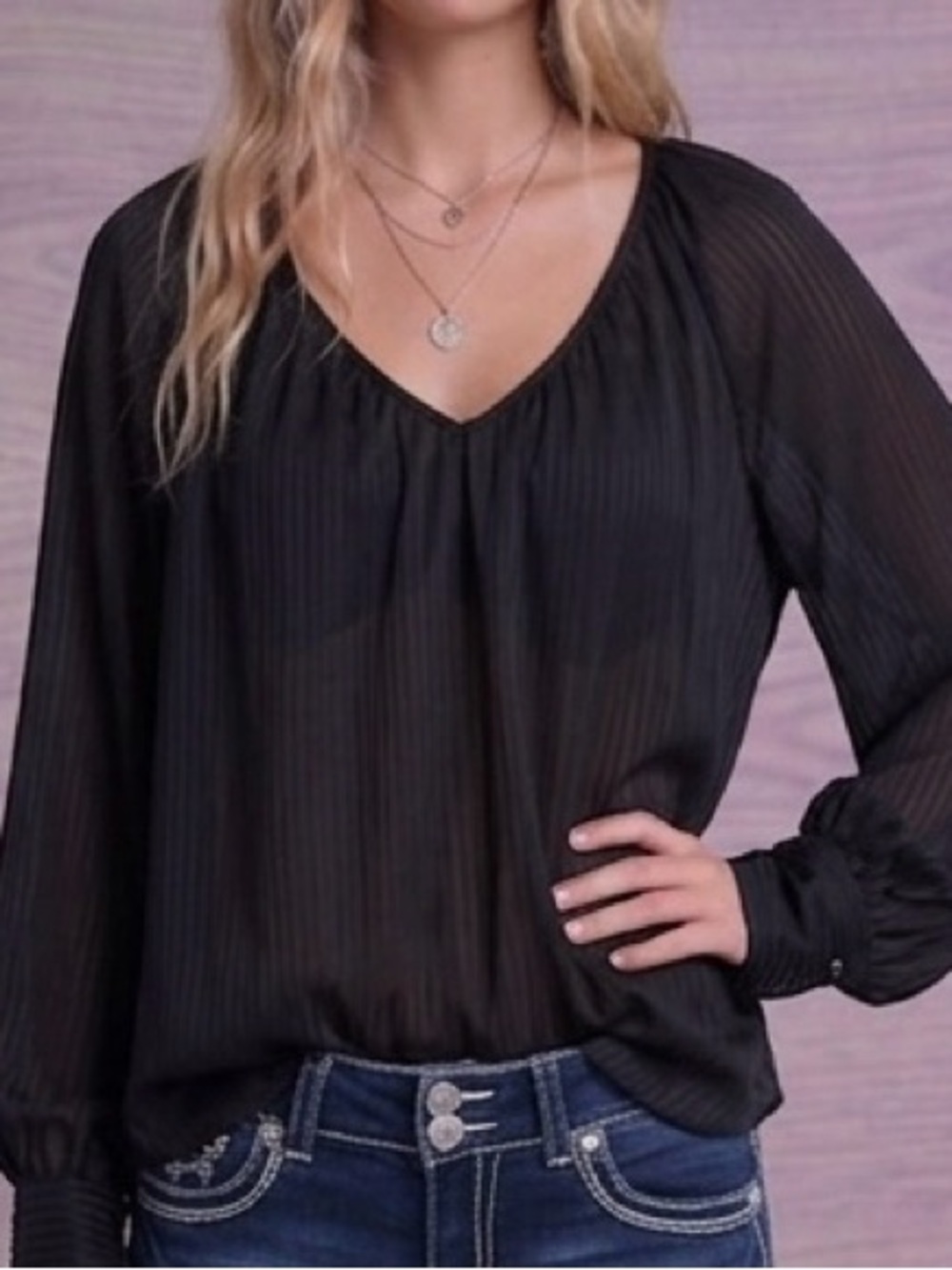 Nine West NWT Black Sheer Pleated Blouse L Long Sleeve V-Neck Flowy Dressy Top